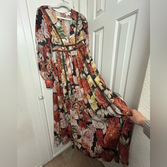 L'ATISTE Dresses & Skirts - L’Artiste Floral Dress Maxi Autumn Dress Studs Size Small Red Pink Brown Flowers
